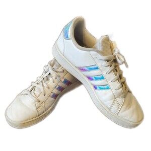 Adidas White Leather Sneakers, Clean! Silver/Holographic Stripes, 7 Men's (8.5)